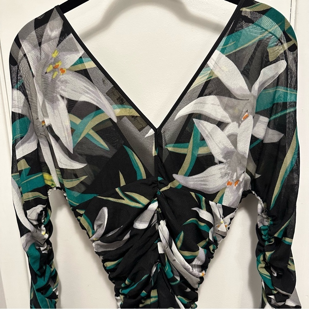 DVF Diane Von Furstenberg Mesh Overlay Ruched Midi Dress 8 bodycon floral Vneck - Picture 6 of 8